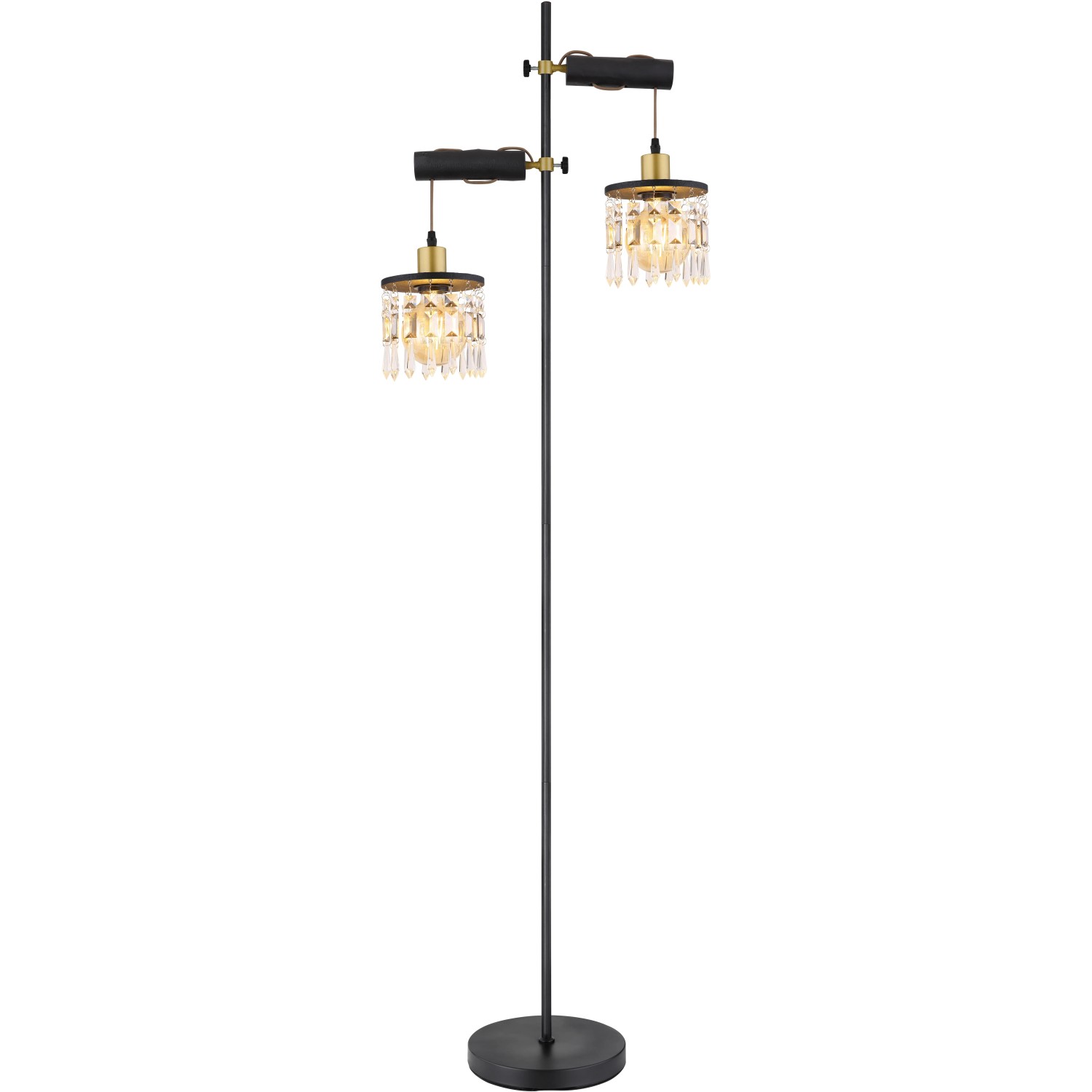 Globo Stehlampe Comma, 2-flammig, schwarz-gold mit Kristallbehang, Design-Stehleuchte.