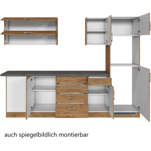 Held Möbel Winkelküche Sorrento in Wotaneiche, 210/270 cm, ohne E-Geräte, mit offenen Schränken.
