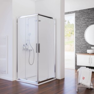 Schulte Eckeinstieg Kristall/Trend, 80x90x185 cm, Echtglas klar hell, Chromoptik. Eckeinstieg Dusche.