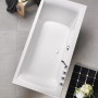 Weiße Ottofond Rechteck-Badewanne Rosa, 190x80 cm, mit Armaturen auf grauem Fliesenboden.