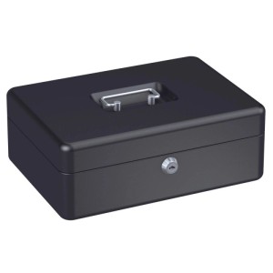 Schwarze Basi Geldkassette GK 10L mit Tragegriff und Zylinderschloss.