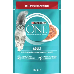 Purina One Katzenfutter Adult mit Rind & Karotten, 85g Portionsbeutel.