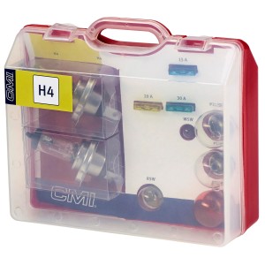 Ersatzlampenbox 12V H4, 10-teilig, mit Glühbirnen und Sicherungen in transparenter Box.