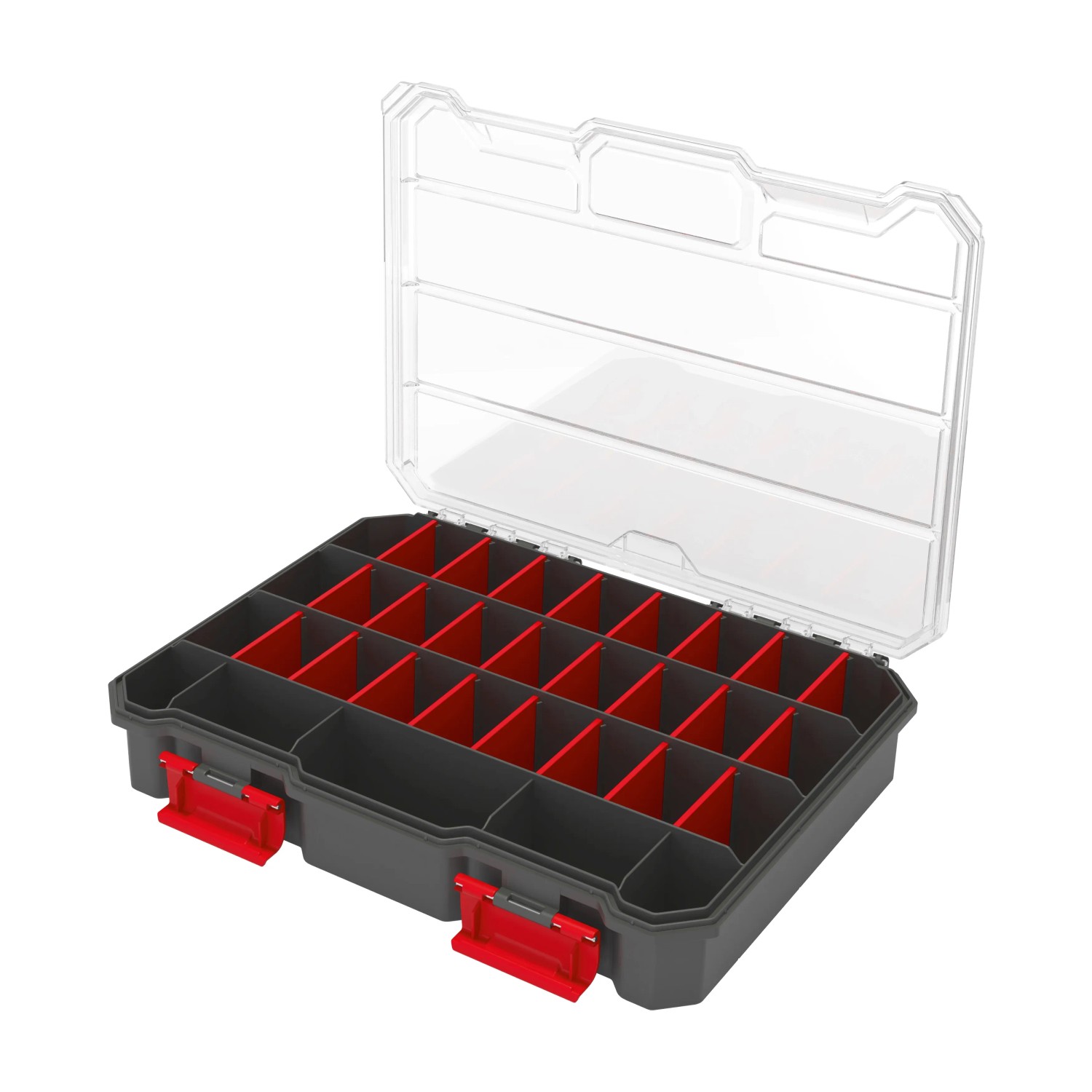 Qbrick Regular Compact Organizer Set 1, schwarze Aufbewahrungsbox mit transparentem Deckel und roten Fächern.