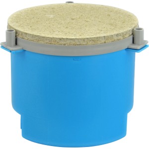 Blaue Betondose 150x120 mm mit Mineralfaserplatte für Einbauleuchten.