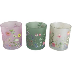 3er Set Boltze Windlichter, sortierte Farben, mit floralem Dekor, 8,3 cm hoch.