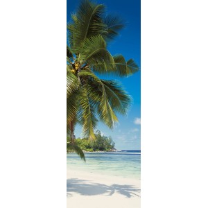 Komar Vlies Fototapete Coconut Bay: Palmenstrand mit blauem Himmel, 100x280 cm.