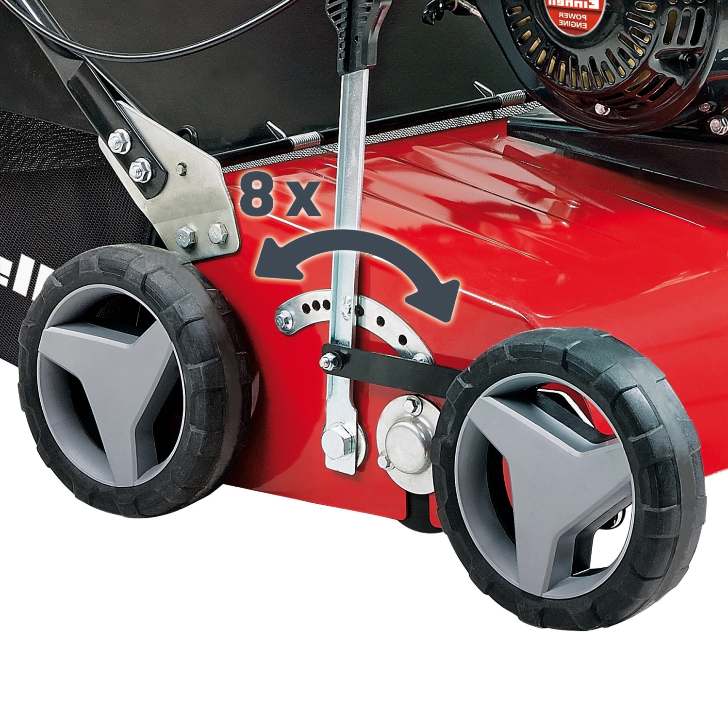 Detailaufnahme: Einhell Benzin-Vertikutierer GC-SC 2240 P mit 8-stufiger Tiefeneinstellung.