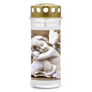 Weißes Grablicht mit Engel-Motiv, 7,5x21cm, für eine würdevolle Grabgestaltung.