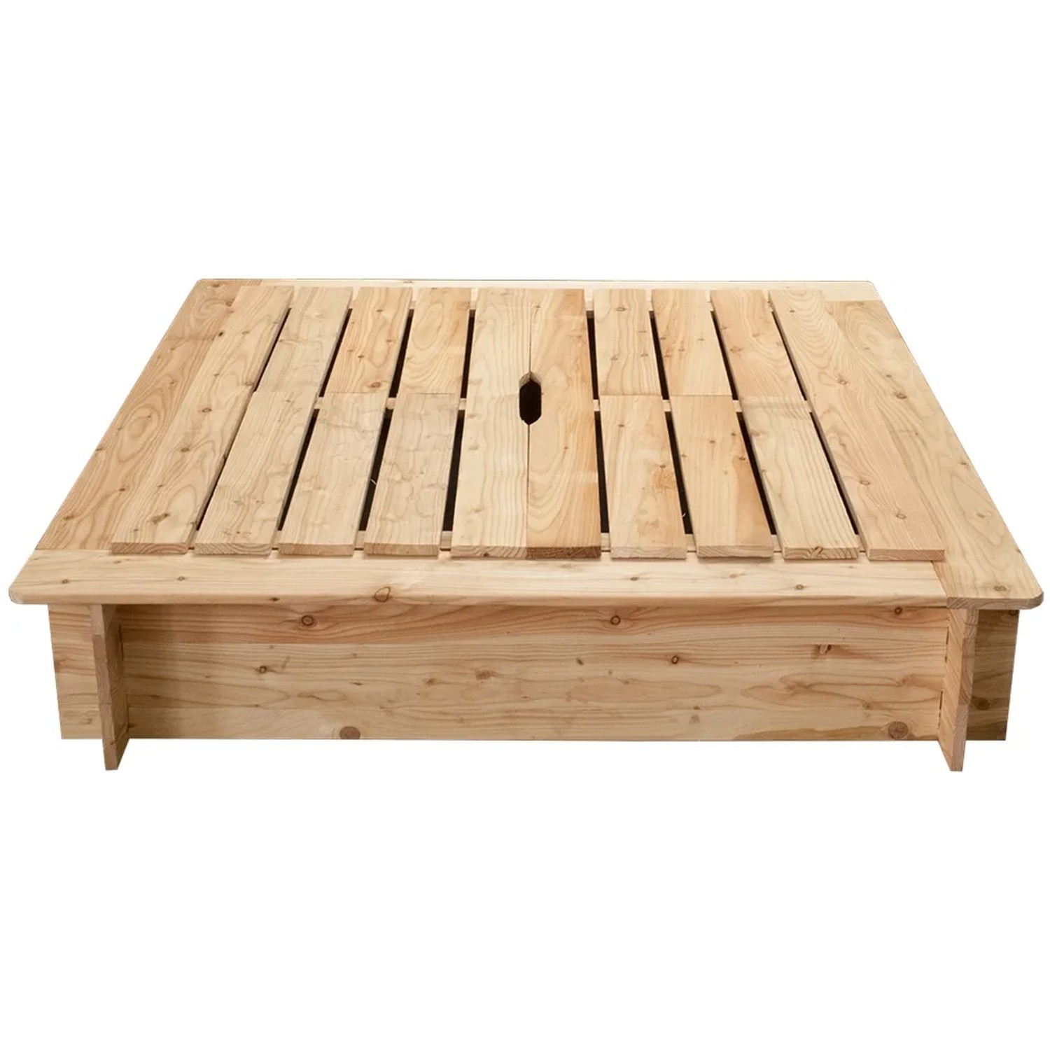 Sandkasten Bausatz aus Fichtenholz, 120x120 cm, mit Deckel. Naturbelassenes Holz.