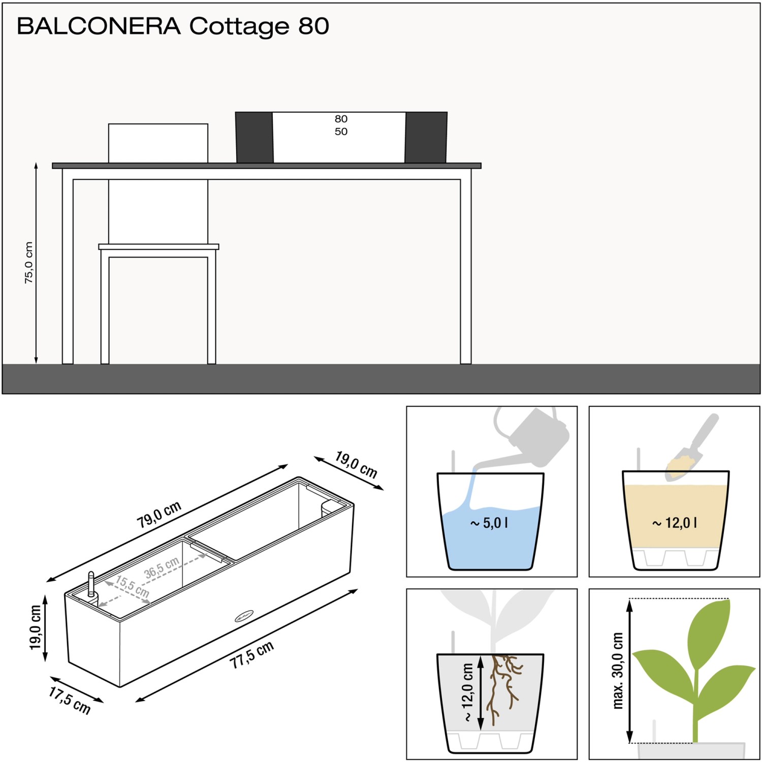 Lechuza Balconera Cottage 80, weiß, mit Maßen und Füllmengen für Bewässerungssystem.
