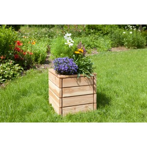 Kiehn-Holz Pflanzkasten aus Lärche, unbehandelt, mit Blumen bepflanzt im Garten.
