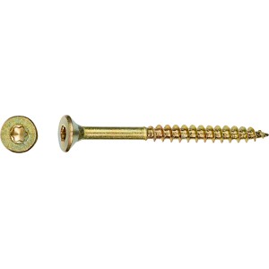 Gelb verzinkte Spanplattenschraube 4x40 mm mit TX-Antrieb und Senkkopf, geeignet für Holz und Kunststoff.
