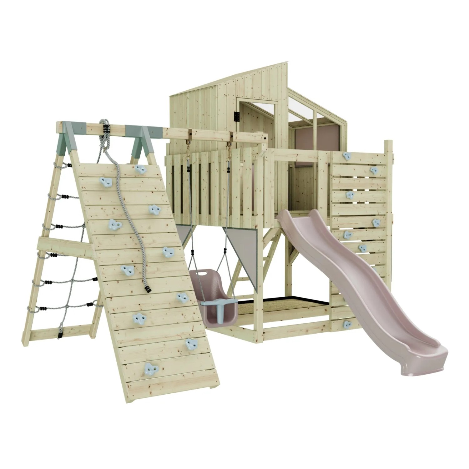 Holz-Spieltürm mit Babyschaukel in Altrosa, Kletterwand und Rutsche.
