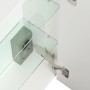 Offener Posseik Spiegelschrank 60 cm, weiße Hochglanzfront, Glasböden und LED-Lampe.