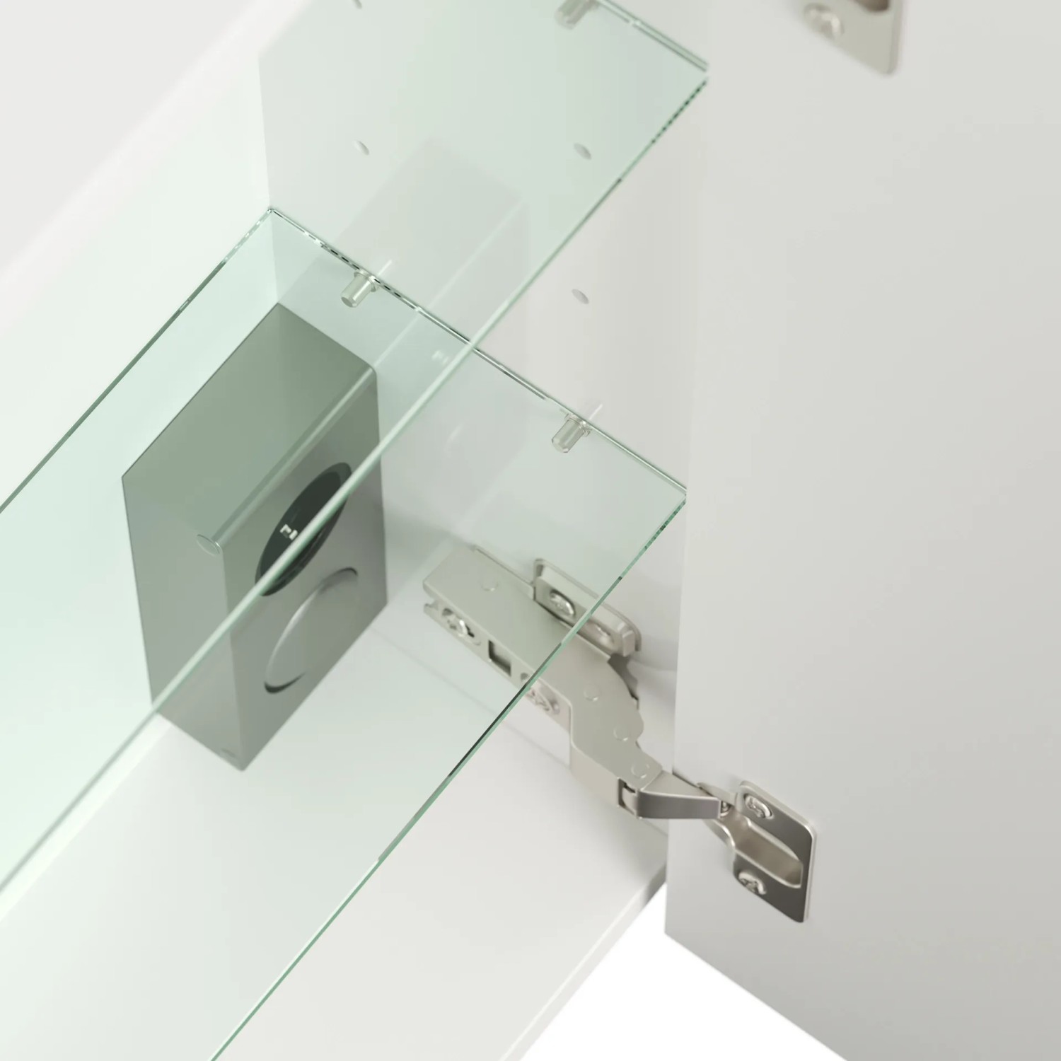 Offener Posseik Spiegelschrank 60 cm, weiße Hochglanzfront, Glasböden und LED-Lampe.