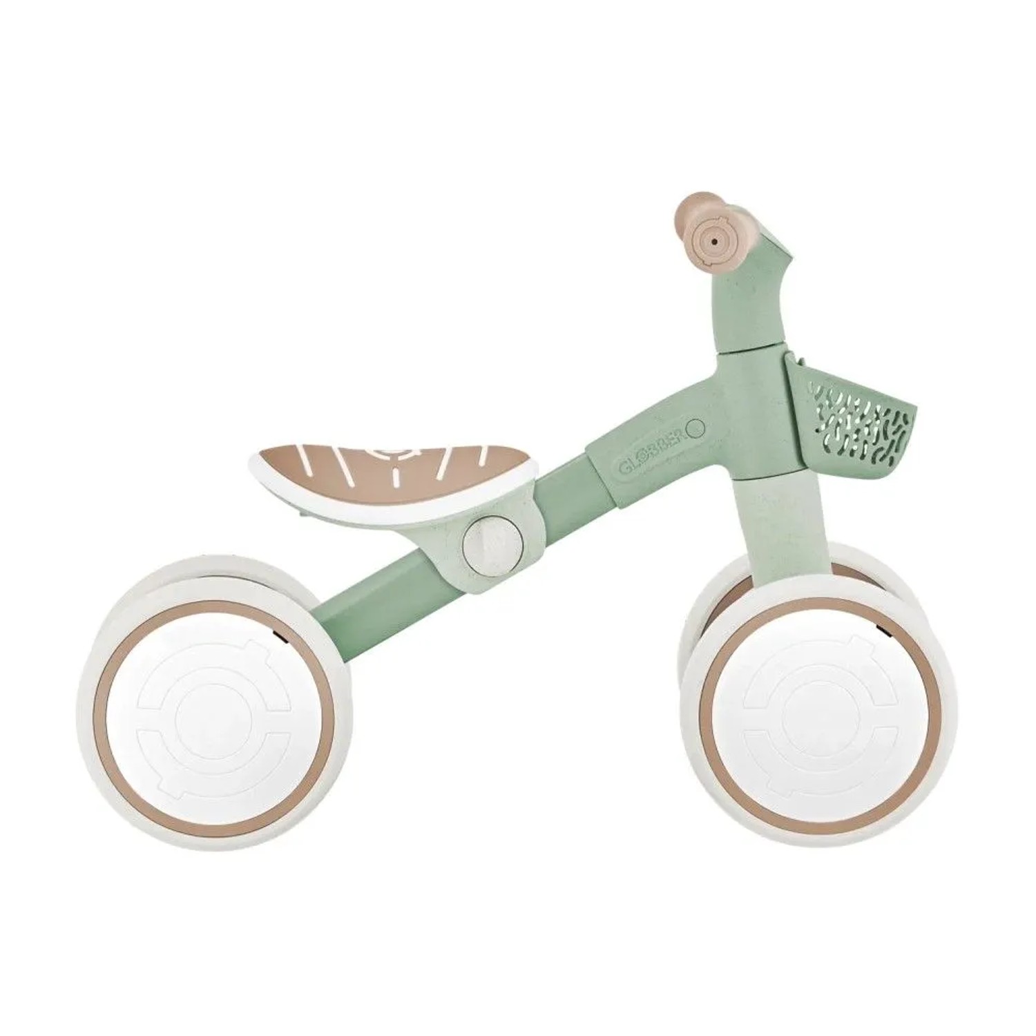 Salbei grünes Globber Learning Bike, 4-rädriges Aufsitzrad mit höhenverstellbarem Sattel, BMX-Lenker und Korb.