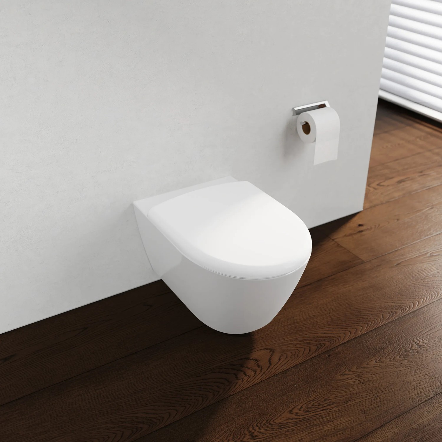 Weißer Schütte WC-Sitz D-Form Pro 3 Duroplast mit Absenkautomatik an Wand montiert.