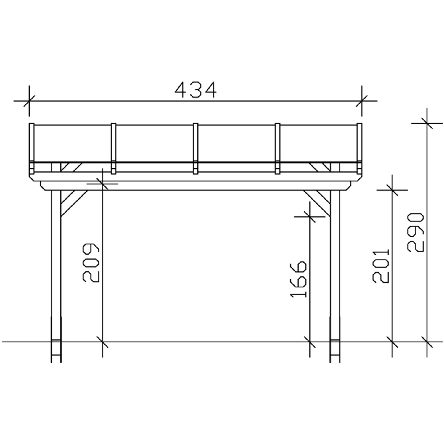 Technische Zeichnung der Skan Holz Terrassenüberdachung Sanremo, Maße: 434 x 400 cm.