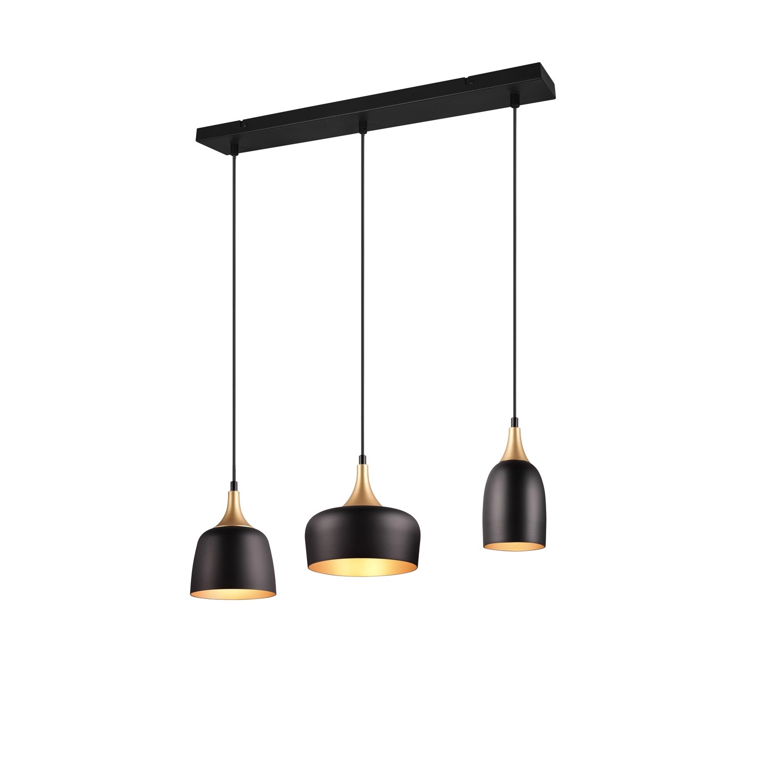 Moderne Trio Pendelleuchte Chiraz, 3-flammig, schwarz matt mit goldenen Akzenten.