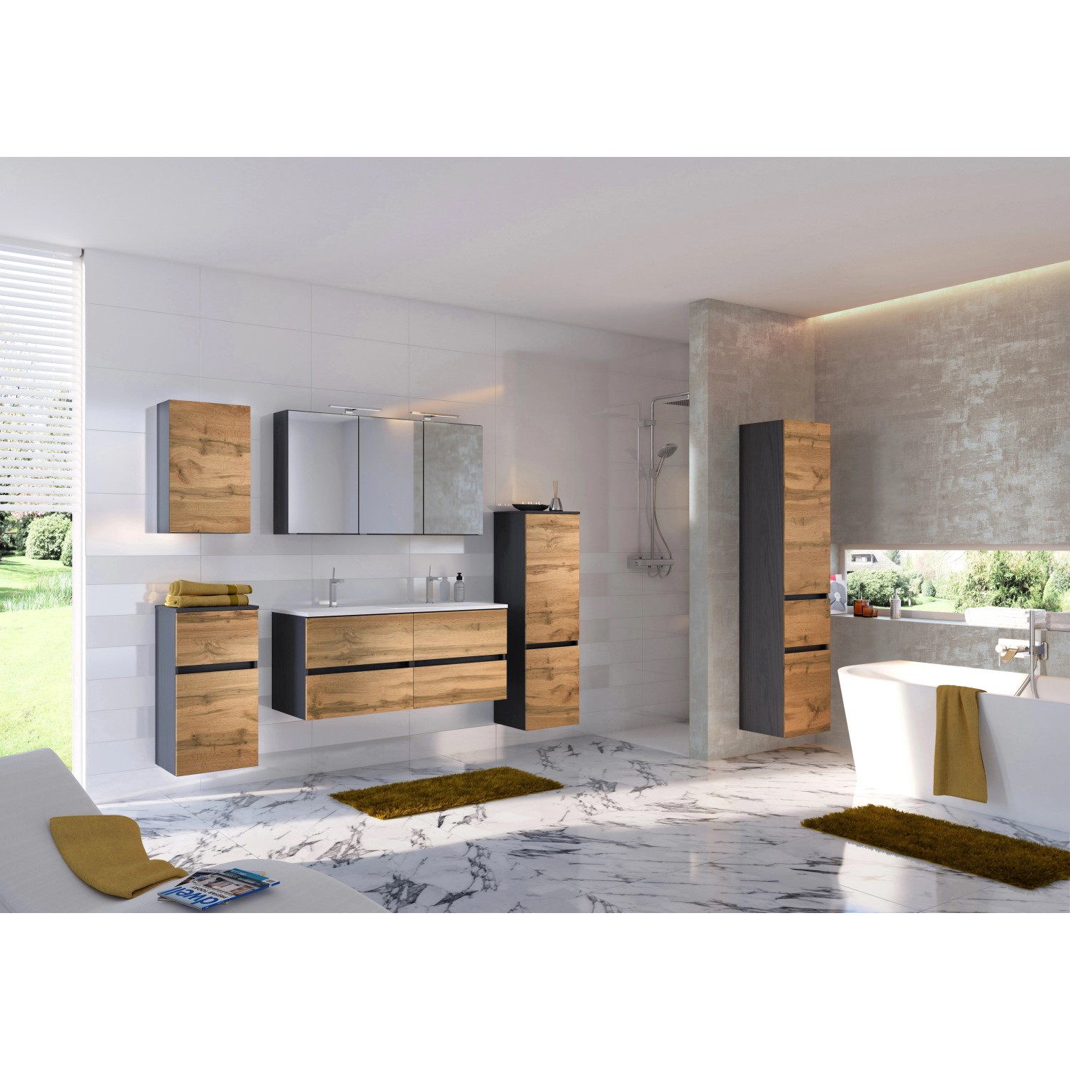 Badezimmer-Set mit Held Möbel Hochschrank Bari in Wotaneiche und Graphitgrau.