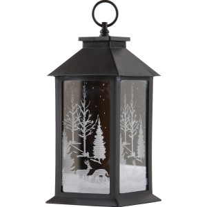 Schwarze Flower Power LED Laterne Vanda mit Winterwald-Motiv als Weihnachtsdekoration.