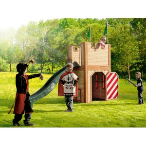 Axi Arthur Spielhaus aus Holz mit Rutsche, Kinder spielen Ritter und Prinzessin.
