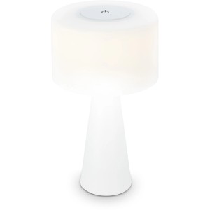 Weiße Brilo Akku-Tischleuchte (4W) für den Außenbereich. Dekoleuchte mit Touchdimmer und USB-Aufladung.