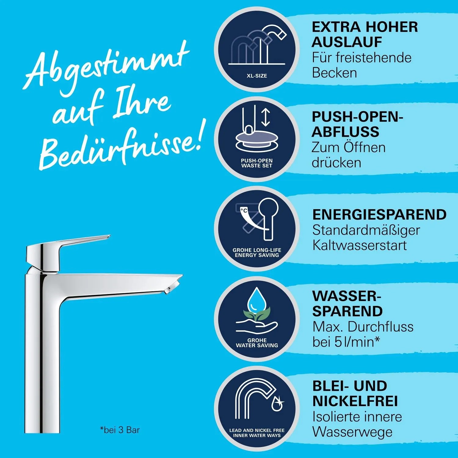 Grohe QuickFix Waschtischarmatur Start XL: Chrom Armatur mit Energiesparfunktion und hohem Auslauf.