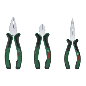 Bosch Zangen-Set, 3-teilig: Kombizange, Seitenschneider, Spitzzange mit grün-schwarzen Griffen.