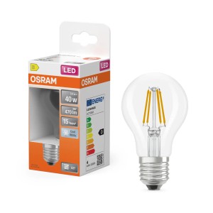 Osram E27 LED-Lampe in Glühlampenform, 3,4W, 470lm, neutralweiß, klar.