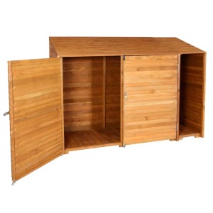 Gebeizter MCW Geräteschuppen J75 aus Holz mit offenem und geschlossenem Abteil, naturfarben.