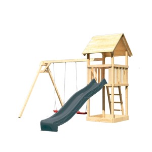 Karibu Spielturm Lotti mit Rutsche und Doppelschaukel aus Holz, natur und anthrazit.