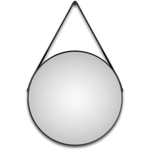 Runder DSK Design Wandspiegel Silver Coiffeur Ø 80 cm mit schwarzem, mattem Rahmen und Aufhängeband.