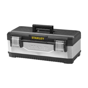 STANLEY Werkzeugbox 23, schwarz-silber, aus Metall-Kunststoff mit Griff und Schließen.