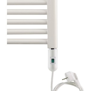 Weißer Ximax Heizstab 1200 W mit grünem Ein/Aus-Schalter und Stromkabel für Badheizkörper. Einfache Heizungs-Installation.