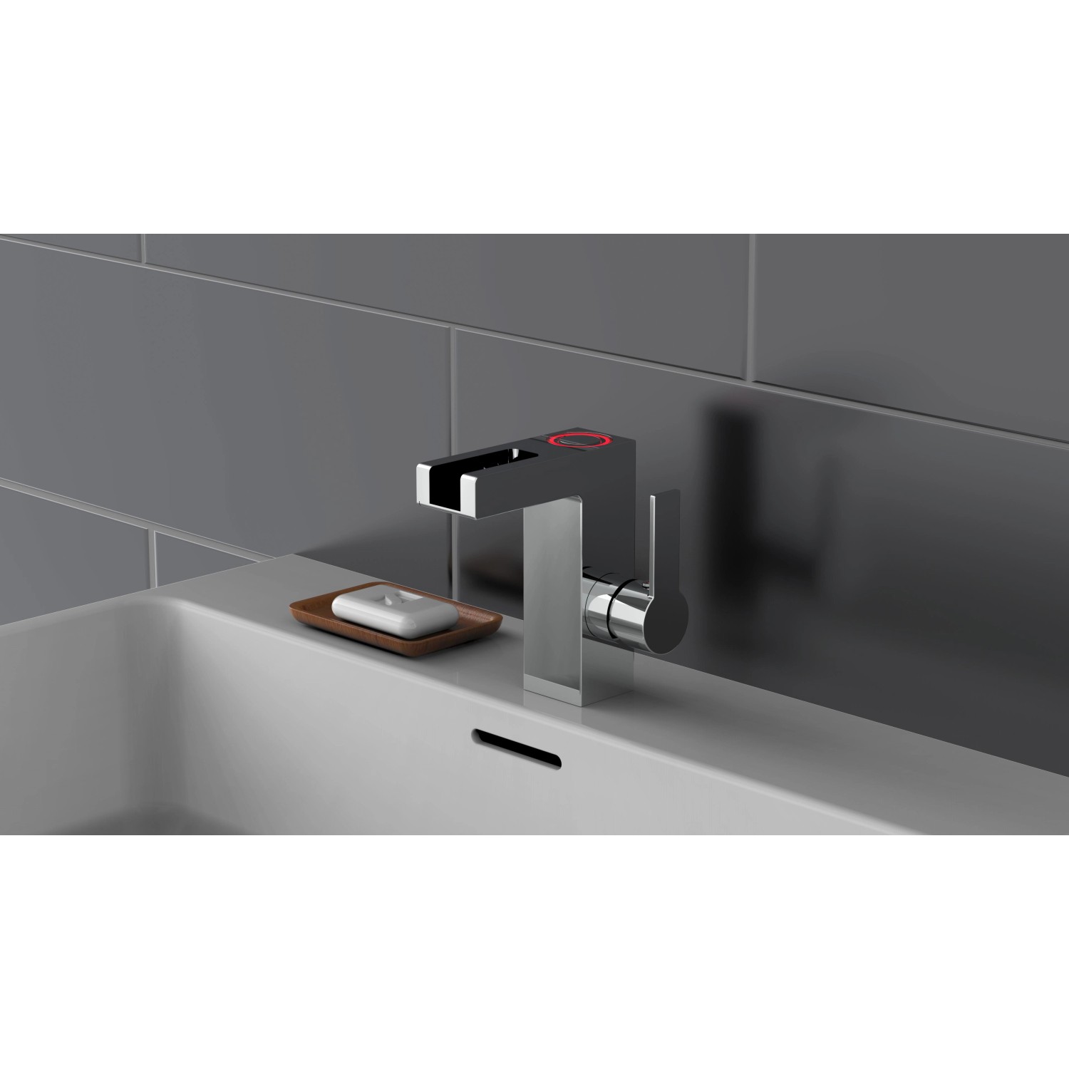 Schütte LED Waschtischarmatur Orinoco Chrom mit Schwallauslauf im modernen Bad.