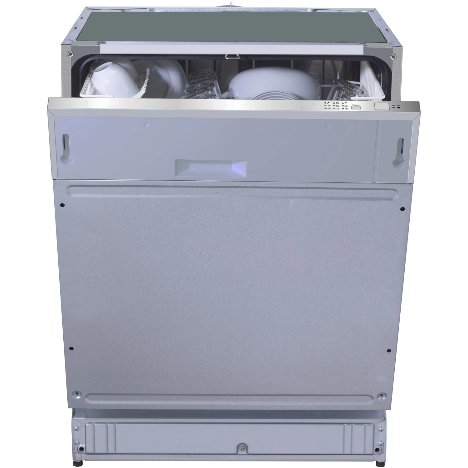 Offener, vollintegrierter Geschirrspüler der Küchenzeile Abaco mit Geschirr.