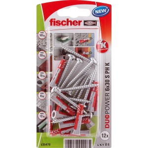Fischer Dübel Duopower 6x30 S PH K NV, 12er-Packung, rot/grau, für sichere Befestigungen.