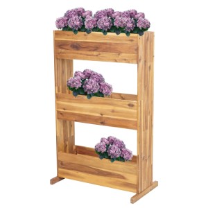 MCW Pflanzkastenregal aus Akazienholz mit 3 Reihen und lila Blumen.