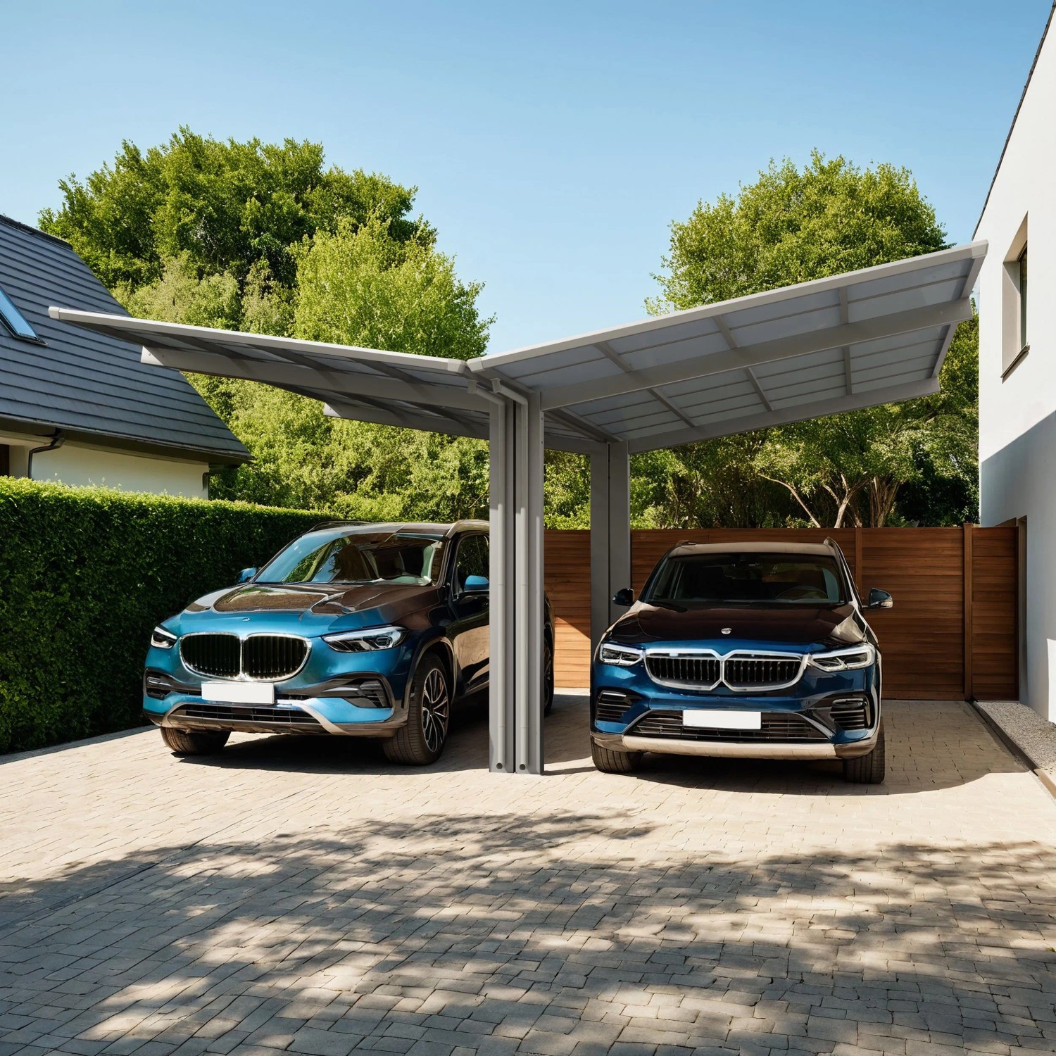 Ximax Carport Linea-60 Y Edelstahl-Look mit zwei parkenden Autos. Doppelcarport mit Flachdach.