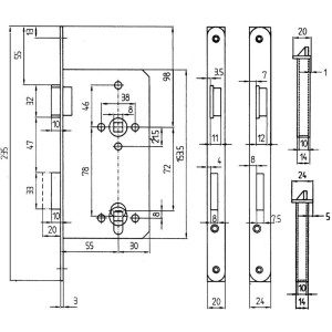 Technische Zeichnung: Zimmertür-Einsteckschloss Buntbart, gefälzt, DIN rechts, Edelstahl, mit Maßen.