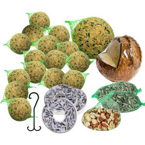 Vogelfutter Spezialitäten-Mix für Wildvögel, 23-teilig mit Meisenknödel, Ringe, Kokosnuss, Erdnüsse und Sonnenblumenkerne.