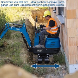 Scheppach Mini-Bagger EXC815 mit Zubehör-Set bei Grabarbeiten. Kompakte Baumaschine mit Raupenantrieb.