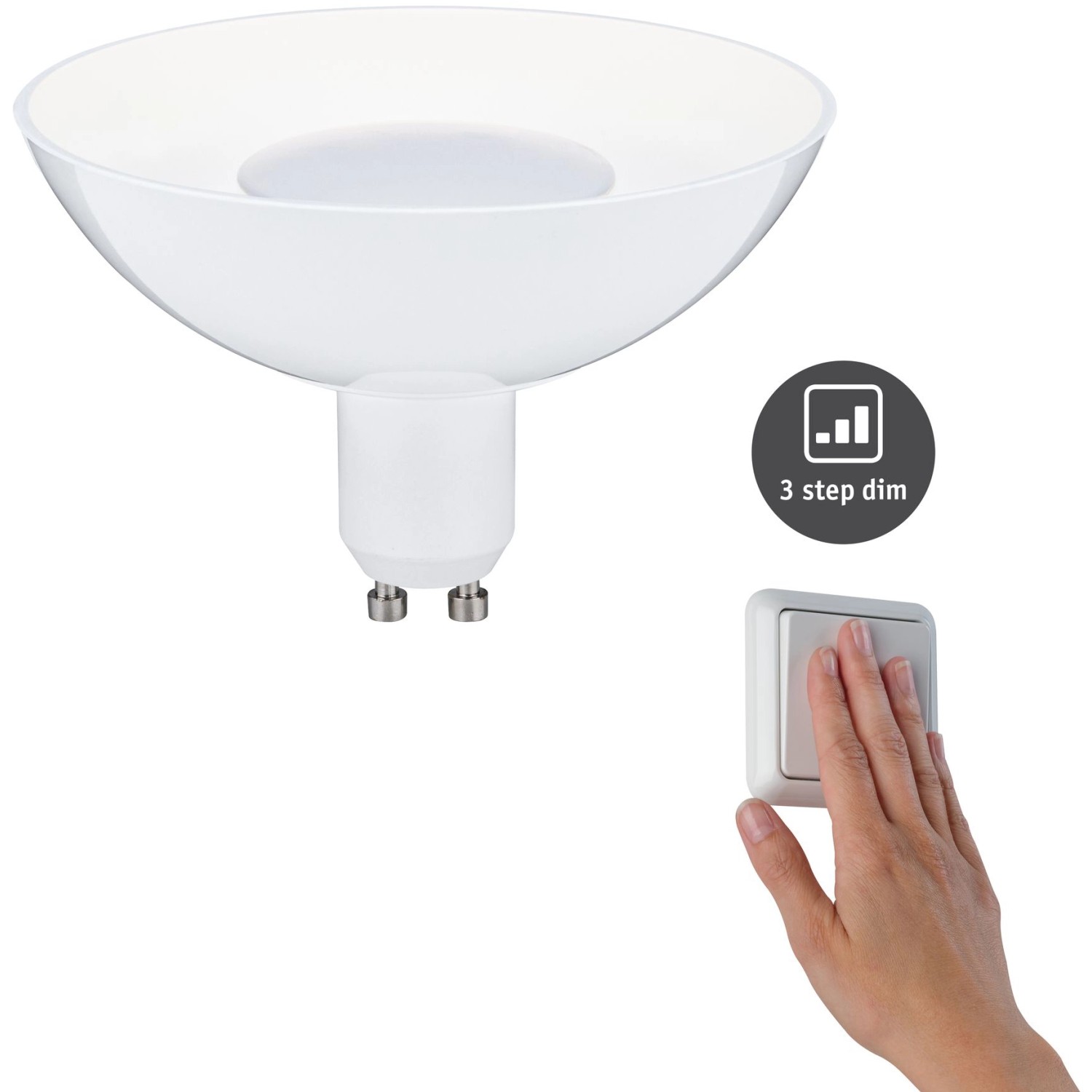 Paulmann GU10 LED-Lampe, 4,9W, warmweiß, dimmbar per Schalter. Leuchtmittel für Wohnräume.