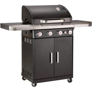 Landmann Gasgrill Rexon PTS 4.1 mit 4 Brennern und Seitenbrenner, schwarzer Grillwagen mit Stauraum.