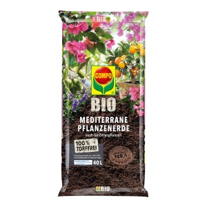 Sack Compo Bio Mediterrane Pflanzenerde, torffrei, 40 l. Ideal für Kübelpflanzen wie Zitrus.