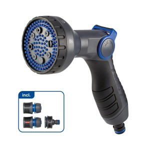 LUX Brauseset, 5 Strahlarten, 4-teilig, mit Schlauchanschlüssen und Hahnstück für Gartenbewässerung.