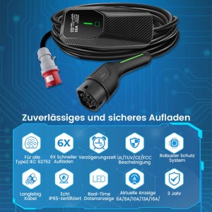 Junsun EV Ladekabel Typ 2, 22 kW, 5m. Schwarzes 3-Phasen-Ladegerät mit CEE-Stecker, Typ 2 Stecker und Steuerbox.