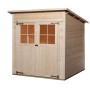 Unbehandeltes Holz-Gartenhaus mit Pultdach, 200x198 cm. Naturfarbenes Gerätehaus mit Doppeltür und Fenstern.